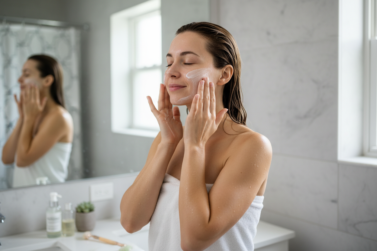 A woman who just got out the shower rubbing facial moisturizer on her face 